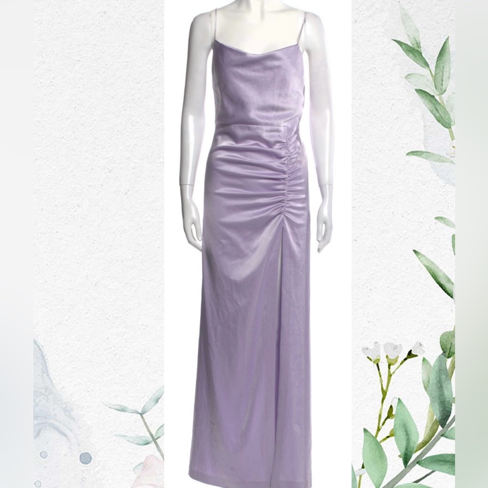 Alice + Olivia satin lilac gown w delicate straps slit & ruching sz 4 New w tag